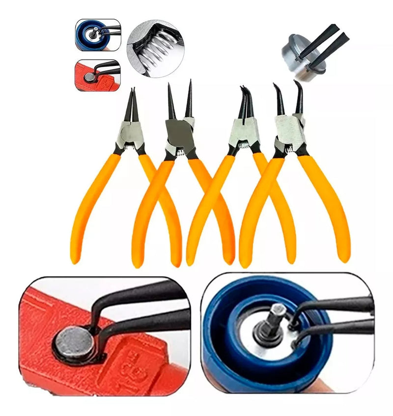 Kit com 4 Alicates para Trava Extrator Anel Interno e Externo